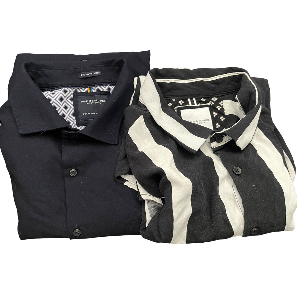 Denim & Flower Ricky Singh Mens XL Button Down Shirt Bundle Navy Blue Striped